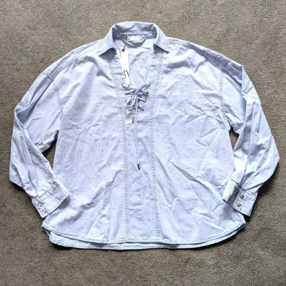 Zara Women's Lace Up Light Blue Tencel Blouse XS